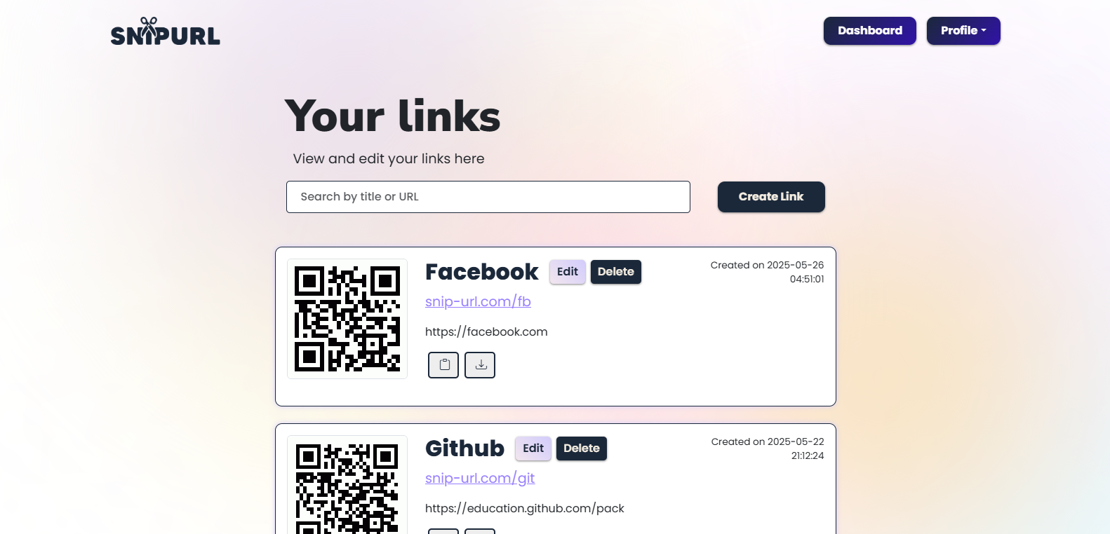 SnipURL Dashboard